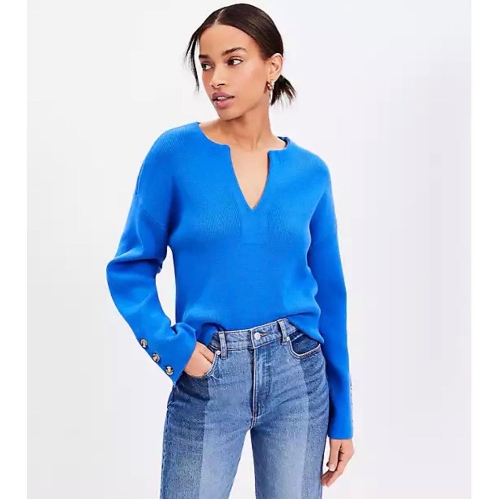 LOFT Sweater Womens XXL Periwinkle Blue Relaxed Split Neck Ribbed Knit Pullover